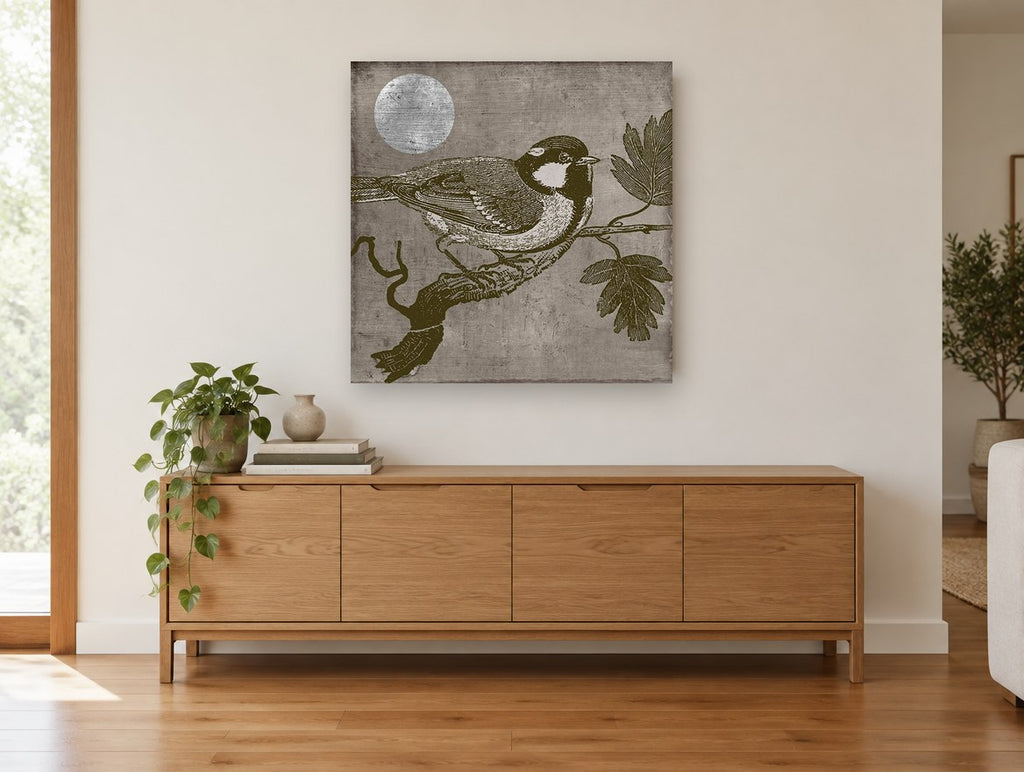 Titmouse Under Silver Moon animal canvas print on the wall of a living room above a sideboard