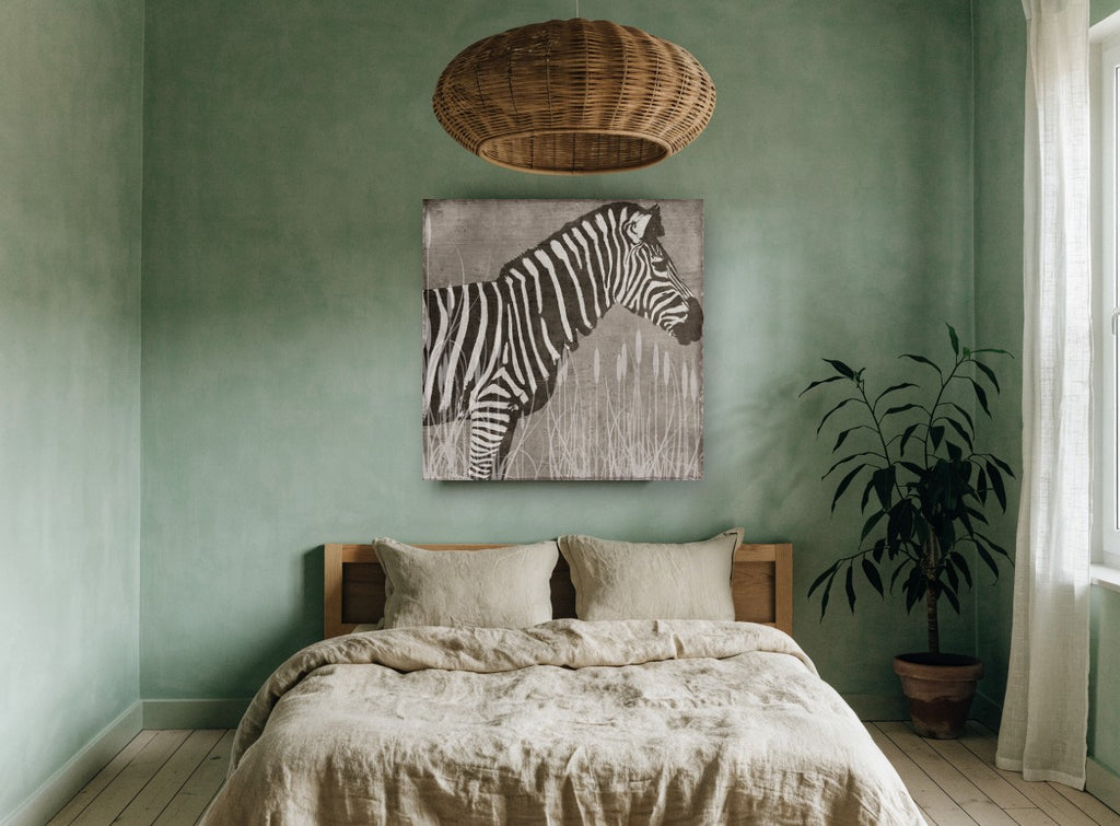 Zebra in the Reeds animal canvas print on the wall of a bedroom