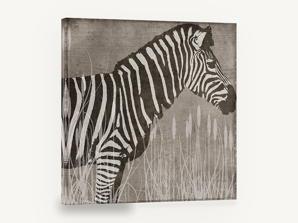Zebra in the Reeds, zebra silhouette illustration, animal canvas wall art print ready to hang