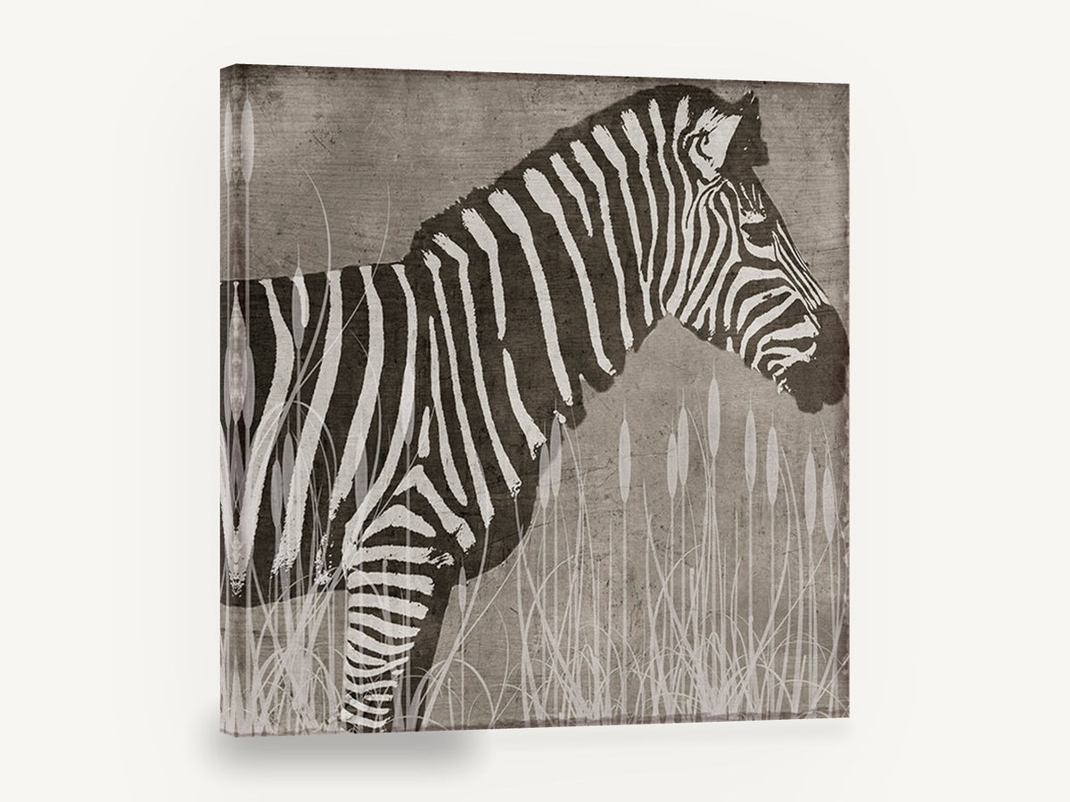 Zebra in the Reeds, zebra silhouette illustration, animal canvas wall art print ready to hang