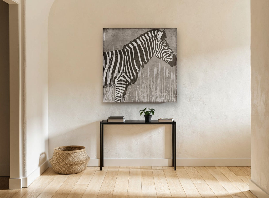 Zebra in the Reeds animal canvas print on the wall of a hallway