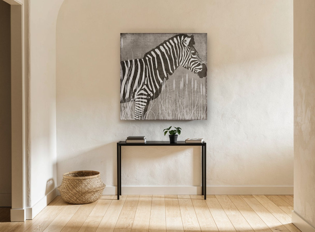 Zebra in the Reeds animal canvas print on the wall of a hallway