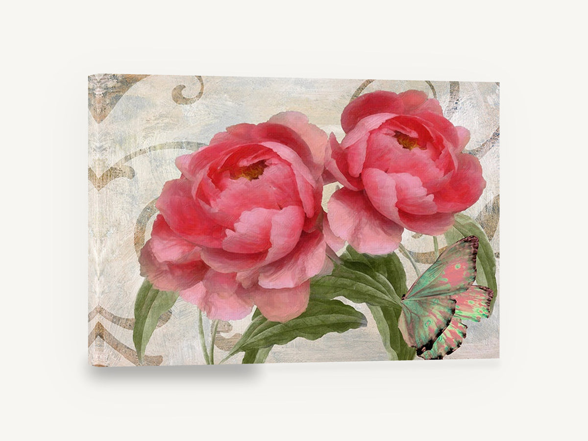 Pink Peonies and Butterfly, pink peonies butterfly vintage floral, floral canvas wall art print ready to hang