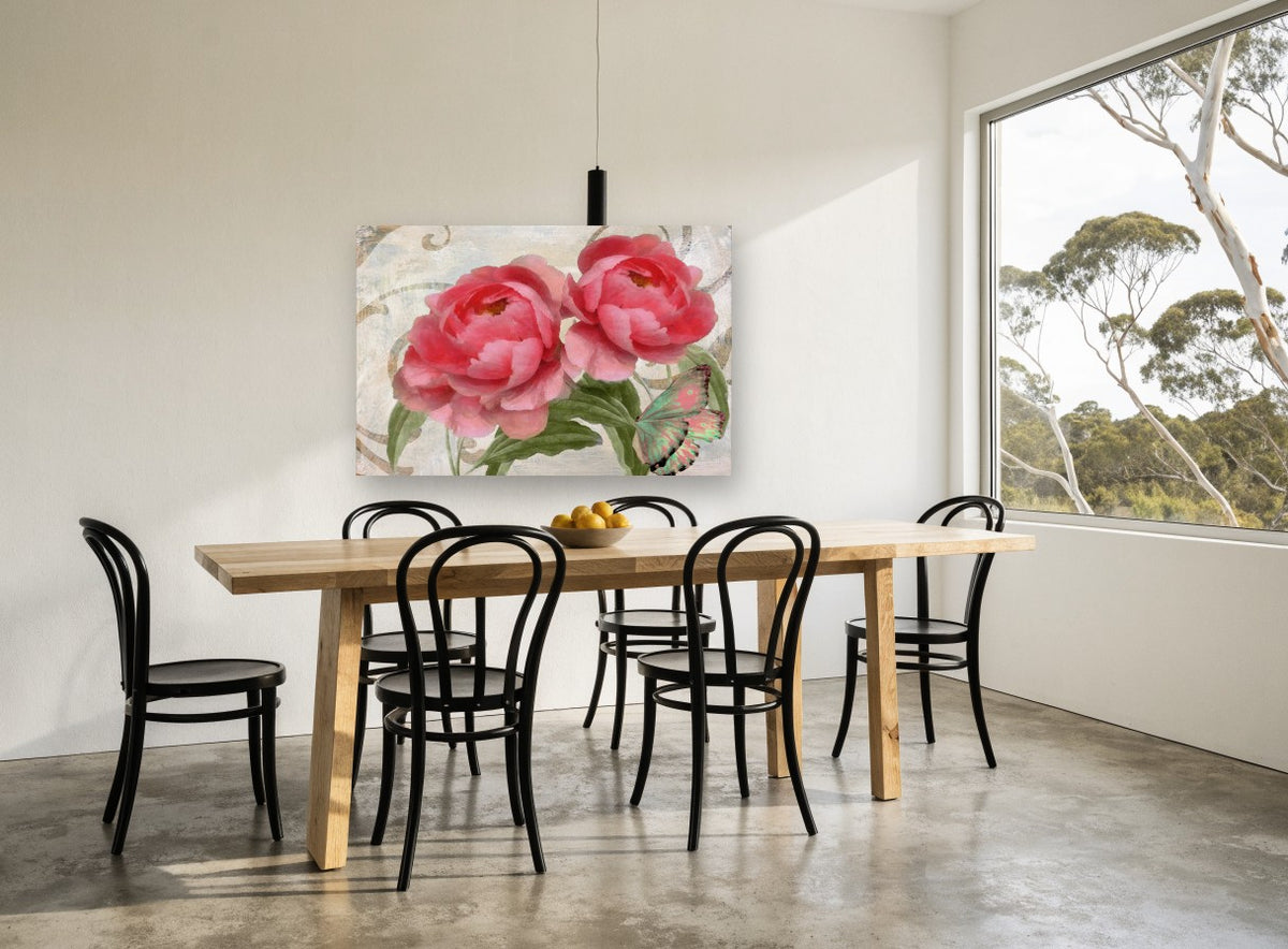 Pink Peonies and Butterfly floral canvas print on the wall of a dining room