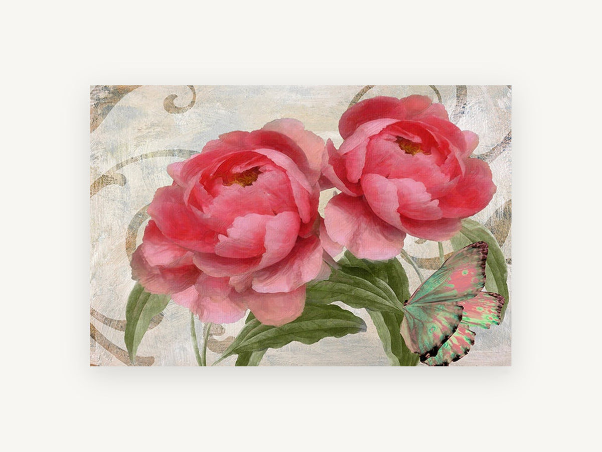 Pink Peonies and Butterfly, floral canvas wall art print, front view