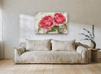 Pink Peonies and Butterfly floral canvas print on the wall of a living room