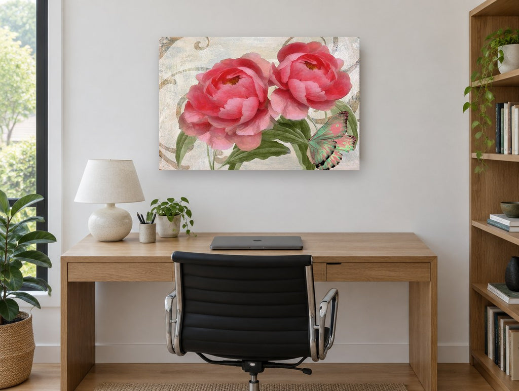 Pink Peonies and Butterfly floral canvas print on the wall of a study