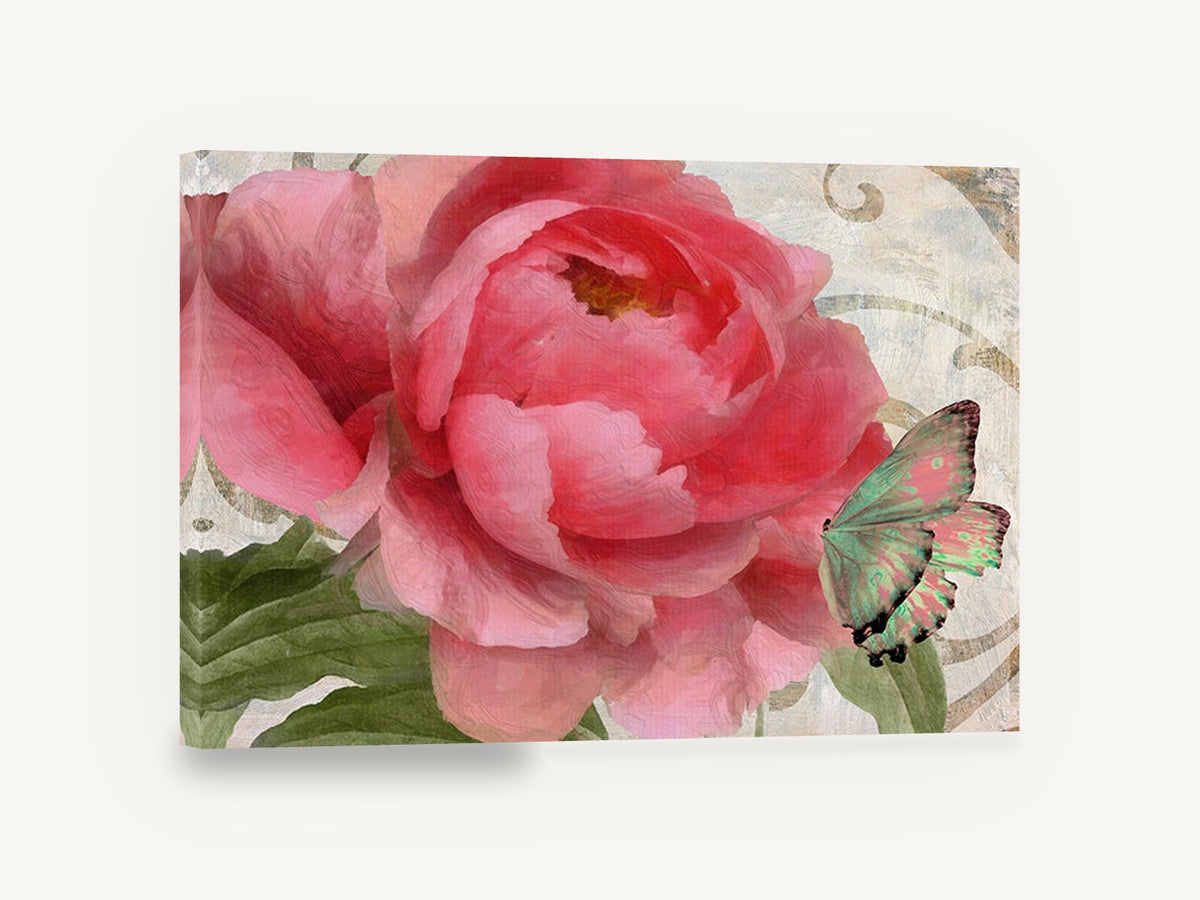 Rose Peony and Butterfly, pink peony and butterfly floral art, floral canvas wall art print ready to hang