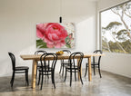 Rose Peony and Butterfly floral canvas print on the wall of a dining room