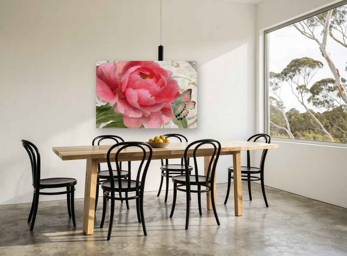 Rose Peony and Butterfly floral canvas print on the wall of a dining room
