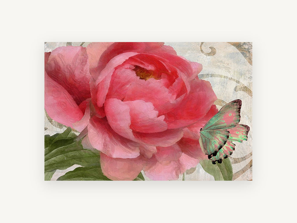 Rose Peony and Butterfly, floral canvas wall art print, front view