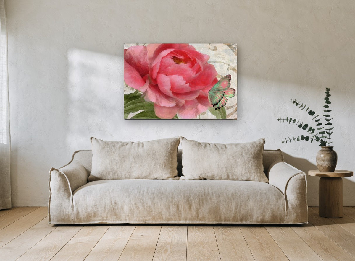 Rose Peony and Butterfly floral canvas print on the wall of a living room