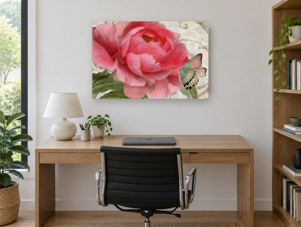 Rose Peony and Butterfly floral canvas print on the wall of a study