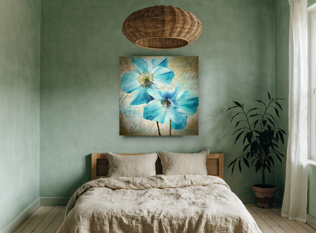 Blue Poppies on Script floral canvas print on the wall of a bedroom