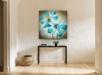 Blue Poppies on Script floral canvas print on the wall of a hallway