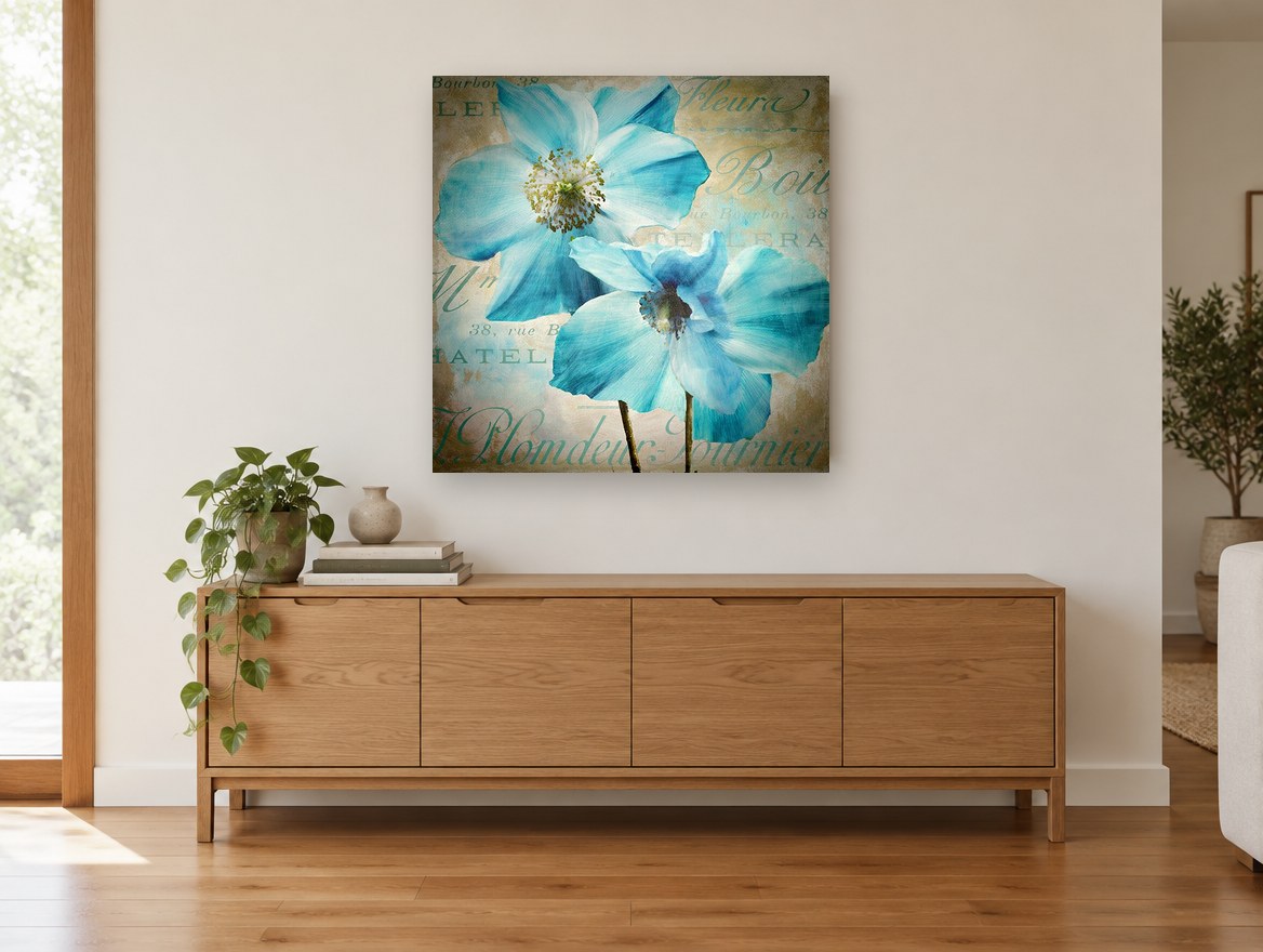 Blue Poppies on Script floral canvas print on the wall of a living room above a sideboard