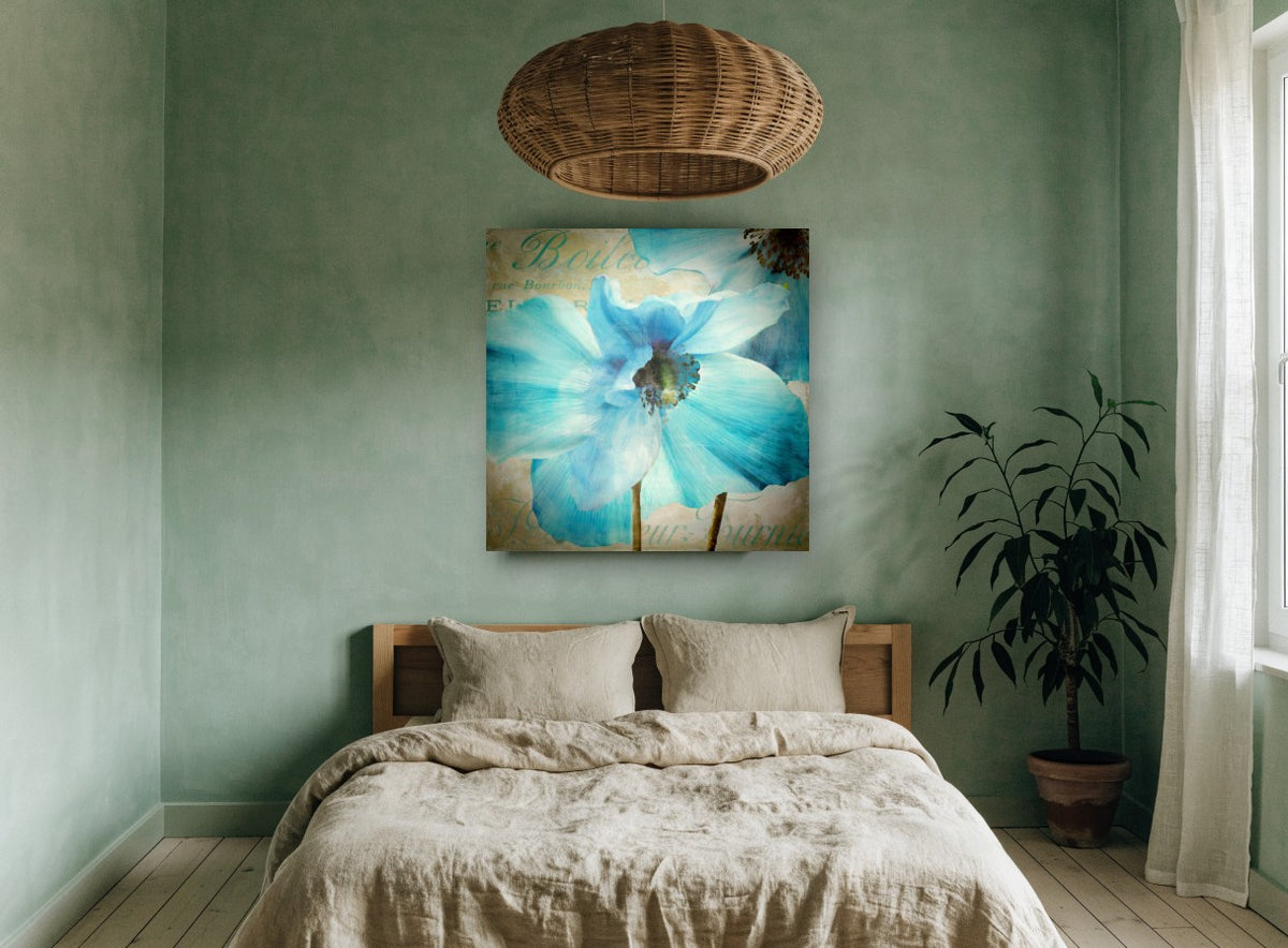 Blue Poppy Script floral canvas print on the wall of a bedroom