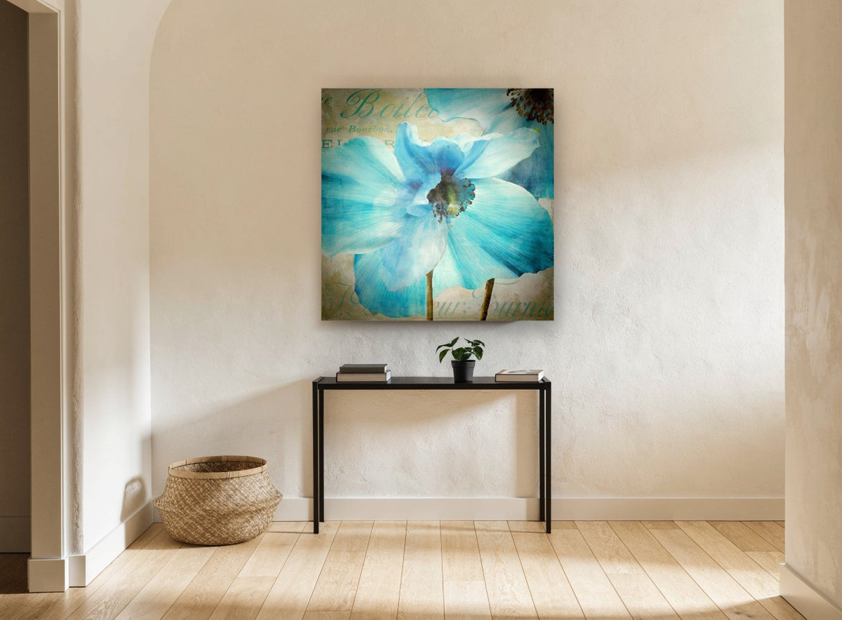 Blue Poppy Script floral canvas print on the wall of a hallway