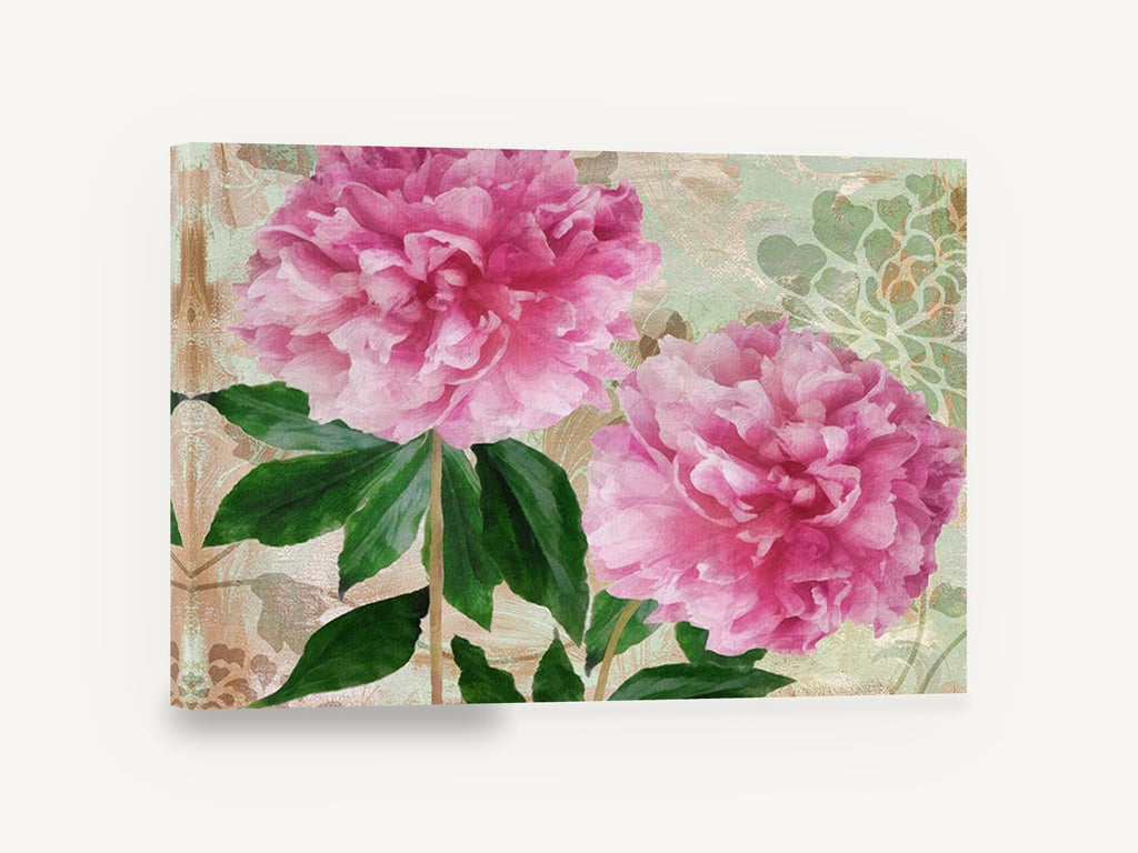 Twin Pink Peonies, pink peonies floral botanical painting, floral canvas wall art print ready to hang
