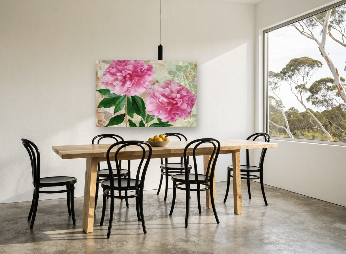 Twin Pink Peonies floral canvas print on the wall of a dining room
