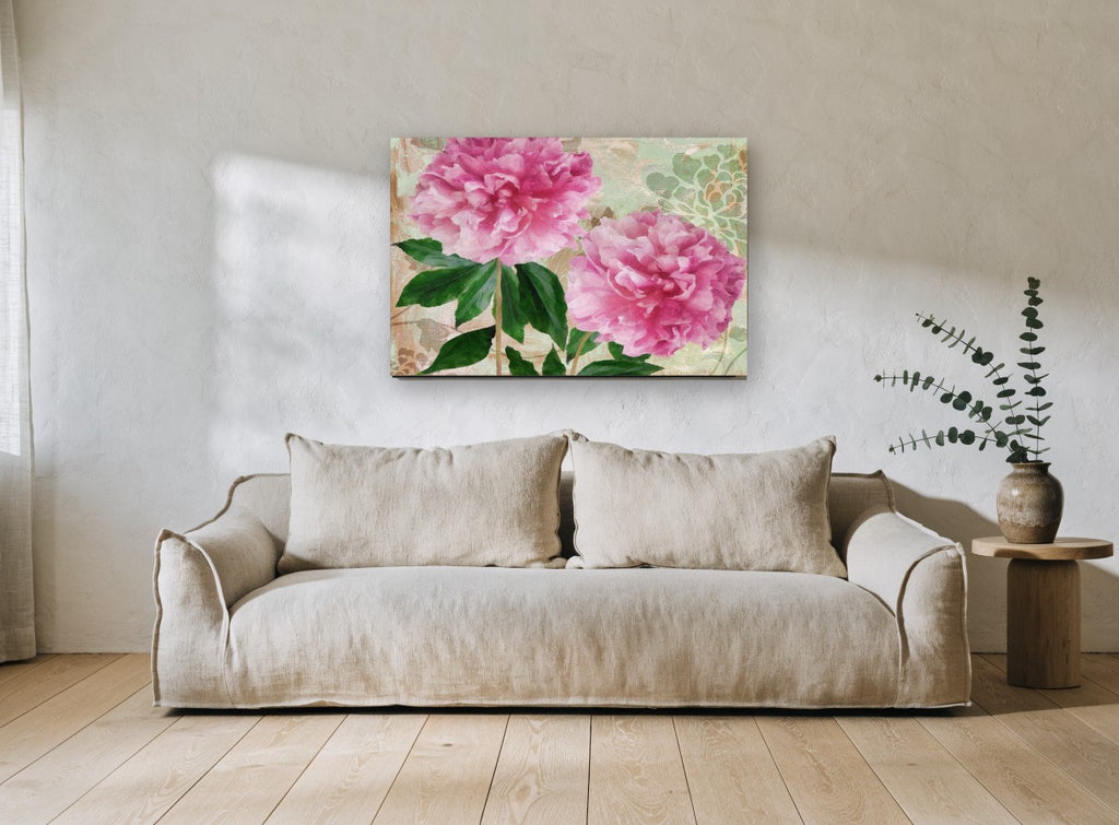 Twin Pink Peonies floral canvas print on the wall of a living room