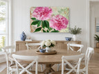 Twin Pink Peonies floral canvas print on the wall of a Hamptons dining room
