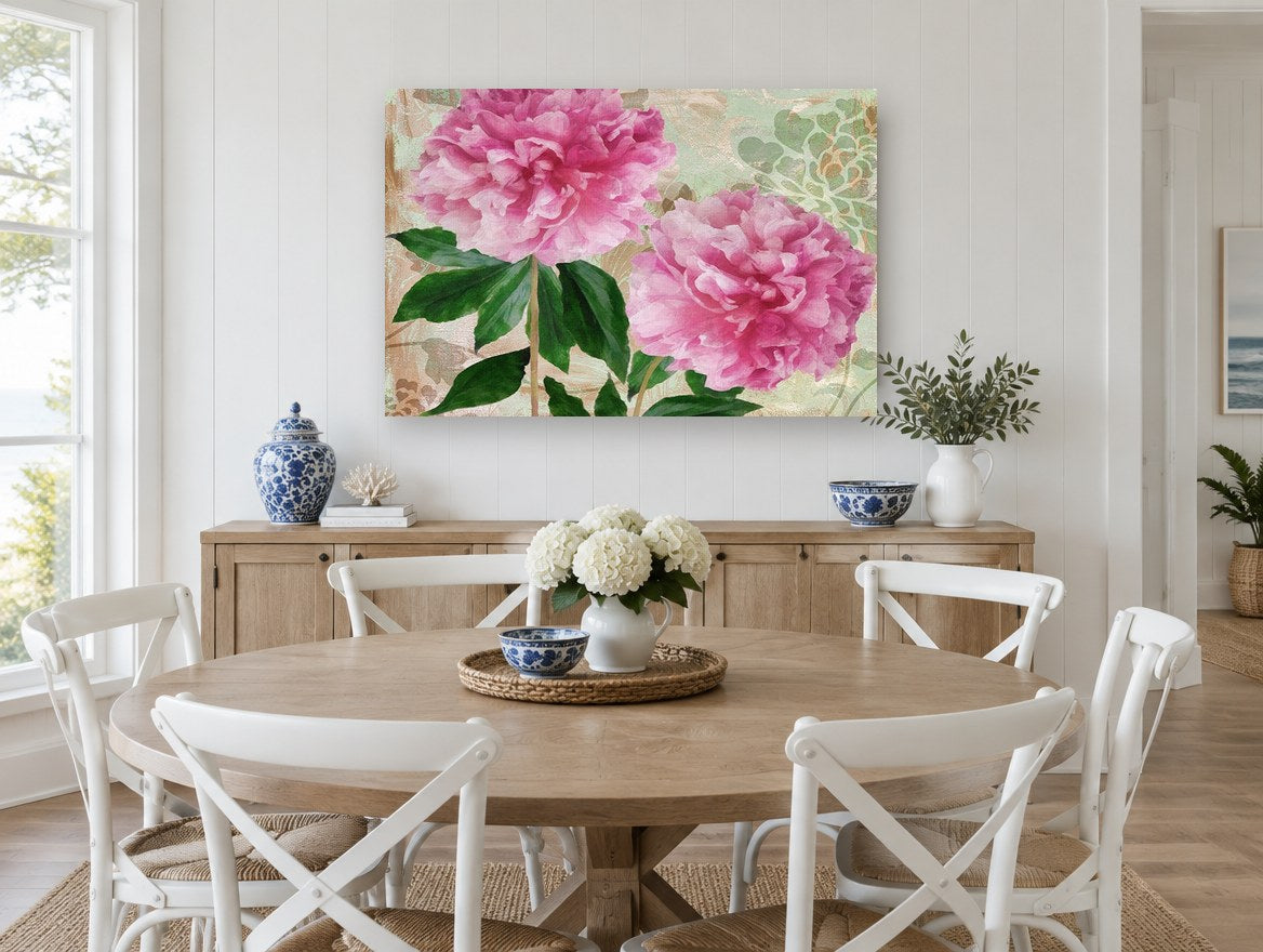Twin Pink Peonies floral canvas print on the wall of a Hamptons dining room