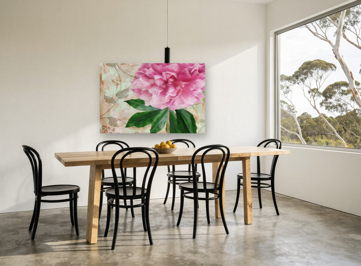 Pink Peony Sonata floral canvas print on the wall of a dining room