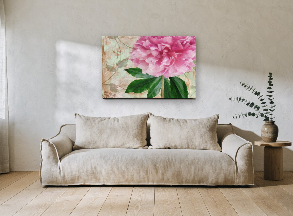 Pink Peony Sonata floral canvas print on the wall of a living room