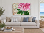 Pink Peony Sonata floral canvas print on the wall of a beach house living room