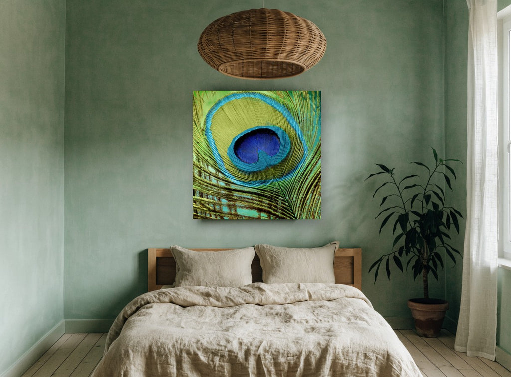 Peacock Eye Close-Up animal canvas print on the wall of a bedroom