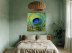 Peacock Eye Close-Up animal canvas print on the wall of a bedroom