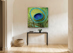 Peacock Eye Close-Up animal canvas print on the wall of a hallway