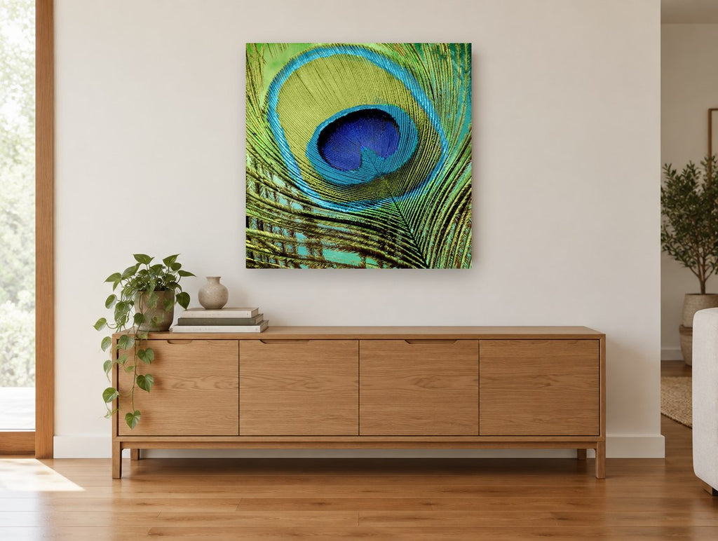 Peacock Eye Close-Up animal canvas print on the wall of a living room above a sideboard