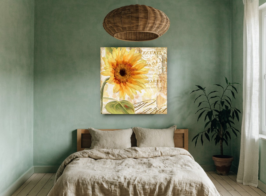 Sunflower Paris Script floral canvas print on the wall of a bedroom