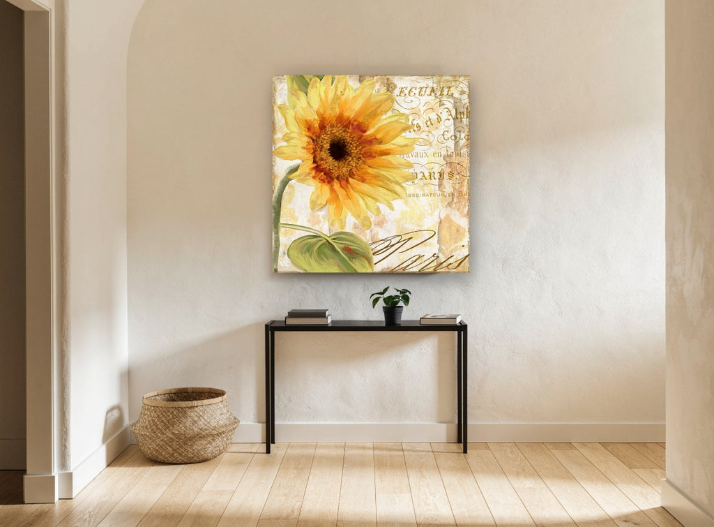 Sunflower Paris Script floral canvas print on the wall of a hallway
