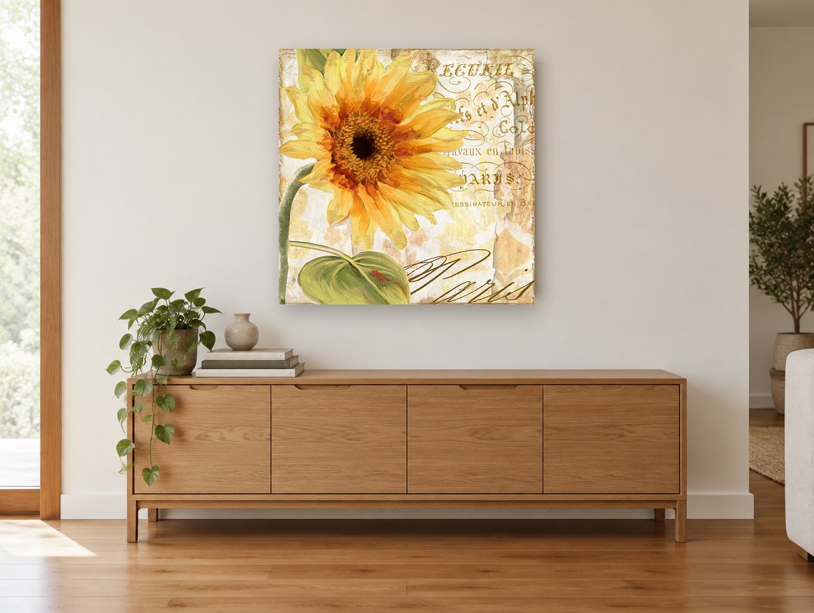 Sunflower Paris Script floral canvas print on the wall of a living room above a sideboard