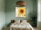 Golden Sunflower Paris Postcard floral canvas print on the wall of a bedroom