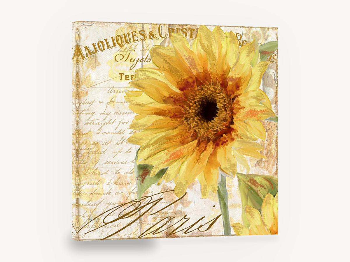 Golden Sunflower Paris Postcard, yellow sunflower vintage script collage, floral canvas wall art print ready to hang