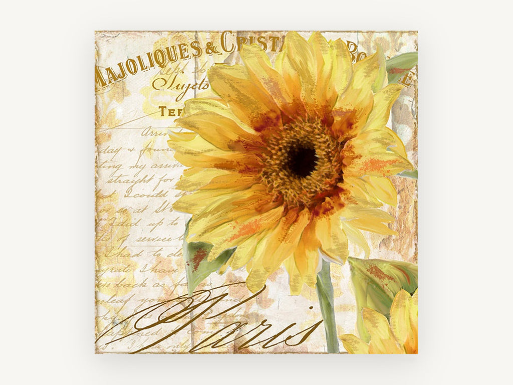 Golden Sunflower Paris Postcard, floral canvas wall art print, front view