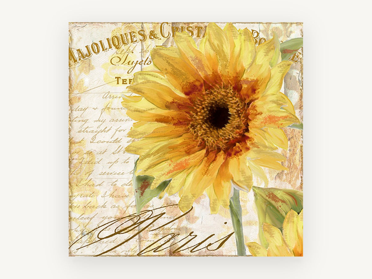 Golden Sunflower Paris Postcard, floral canvas wall art print, front view