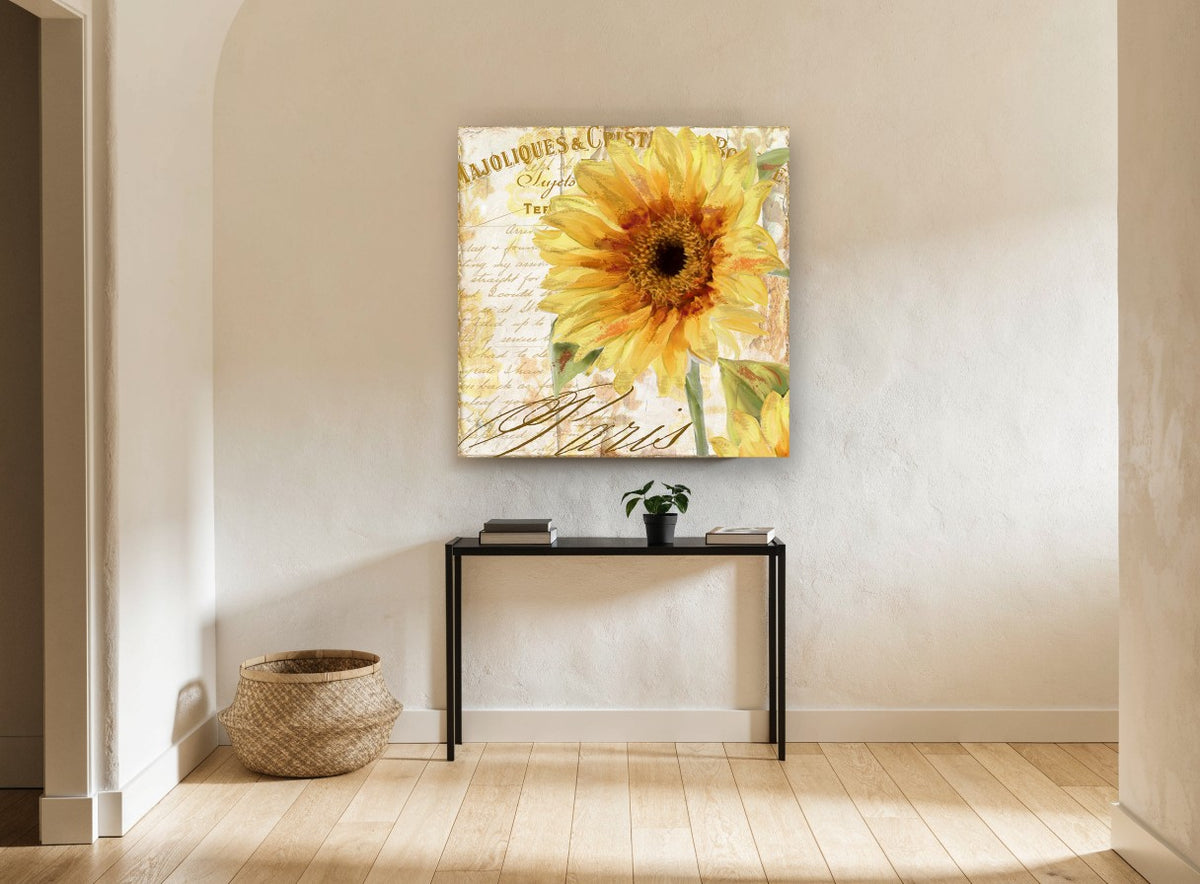 Golden Sunflower Paris Postcard floral canvas print on the wall of a hallway