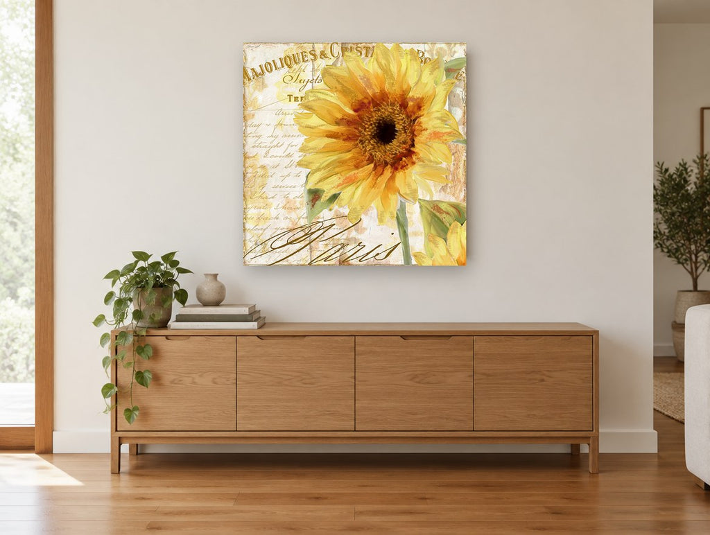Golden Sunflower Paris Postcard floral canvas print on the wall of a living room above a sideboard