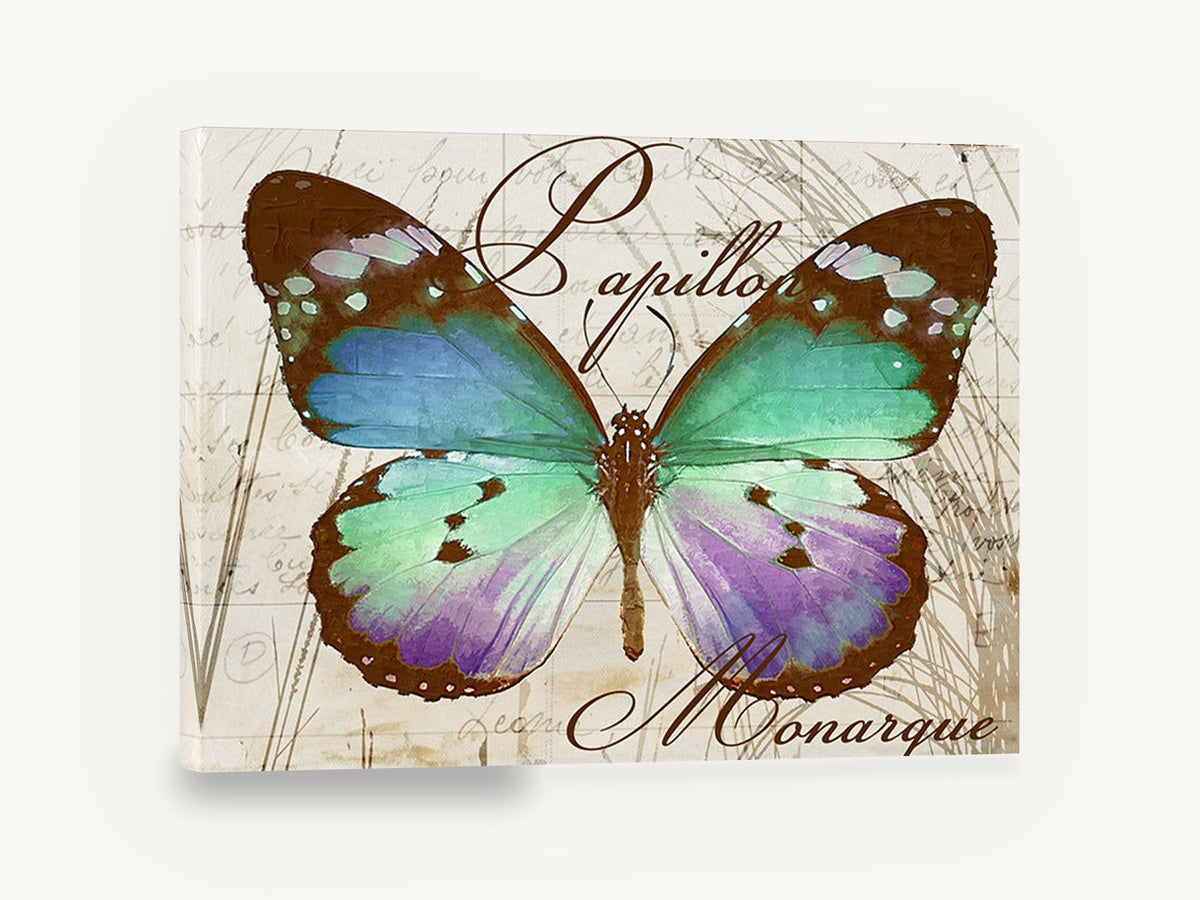 Teal Papillon Monarque, vintage butterfly typography illustration, animal canvas wall art print ready to hang
