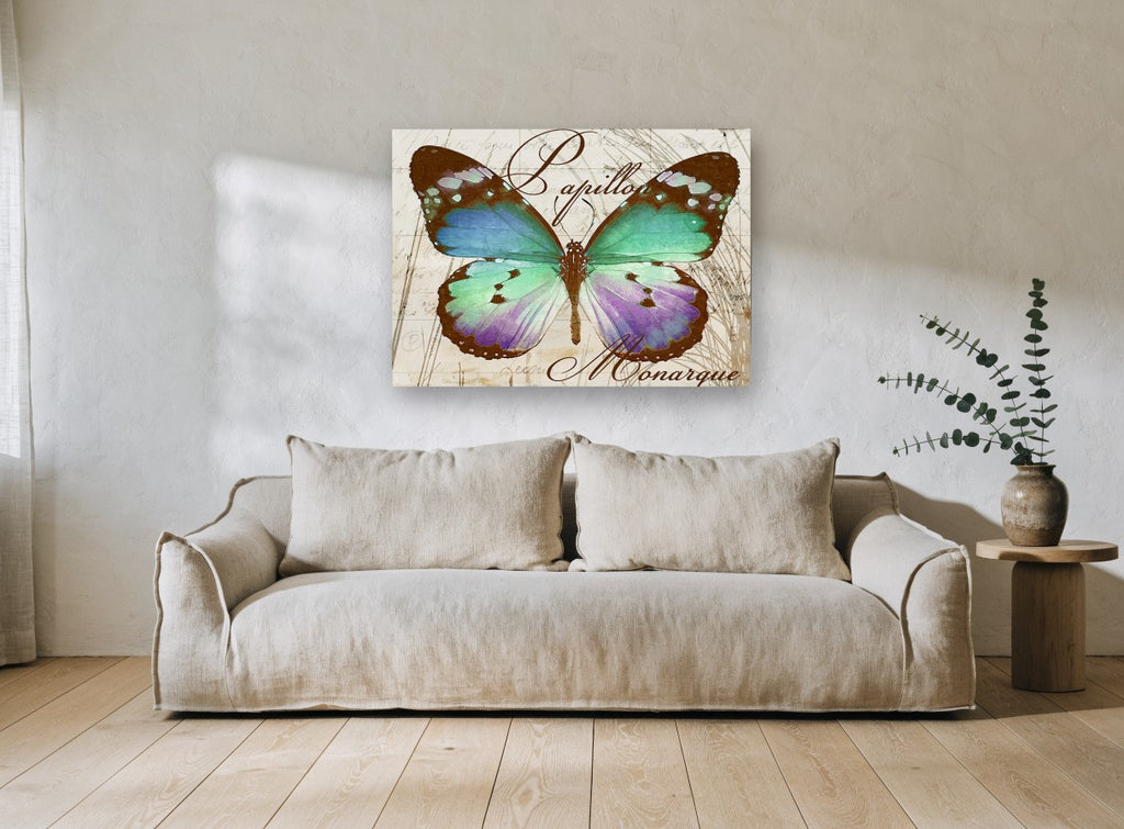 Teal Papillon Monarque animal canvas print on the wall of a living room