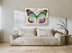 Teal Papillon Monarque animal canvas print on the wall of a living room