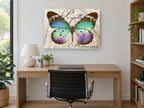 Teal Papillon Monarque animal canvas print on the wall of a study