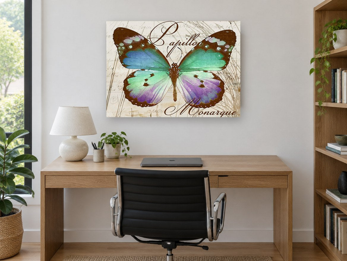 Teal Papillon Monarque animal canvas print on the wall of a study