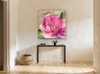 Pink Magnolia Paris floral canvas print on the wall of a hallway