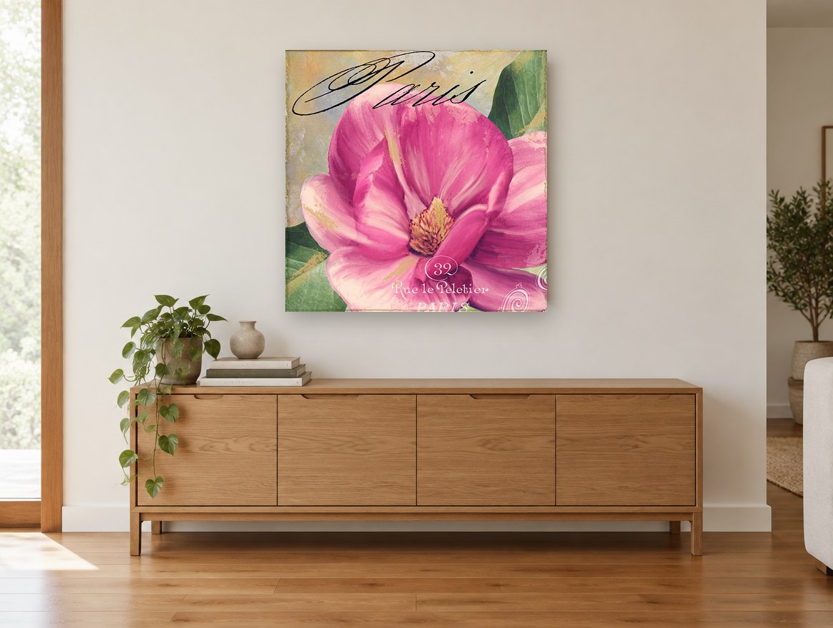 Pink Magnolia Paris floral canvas print on the wall of a living room above a sideboard